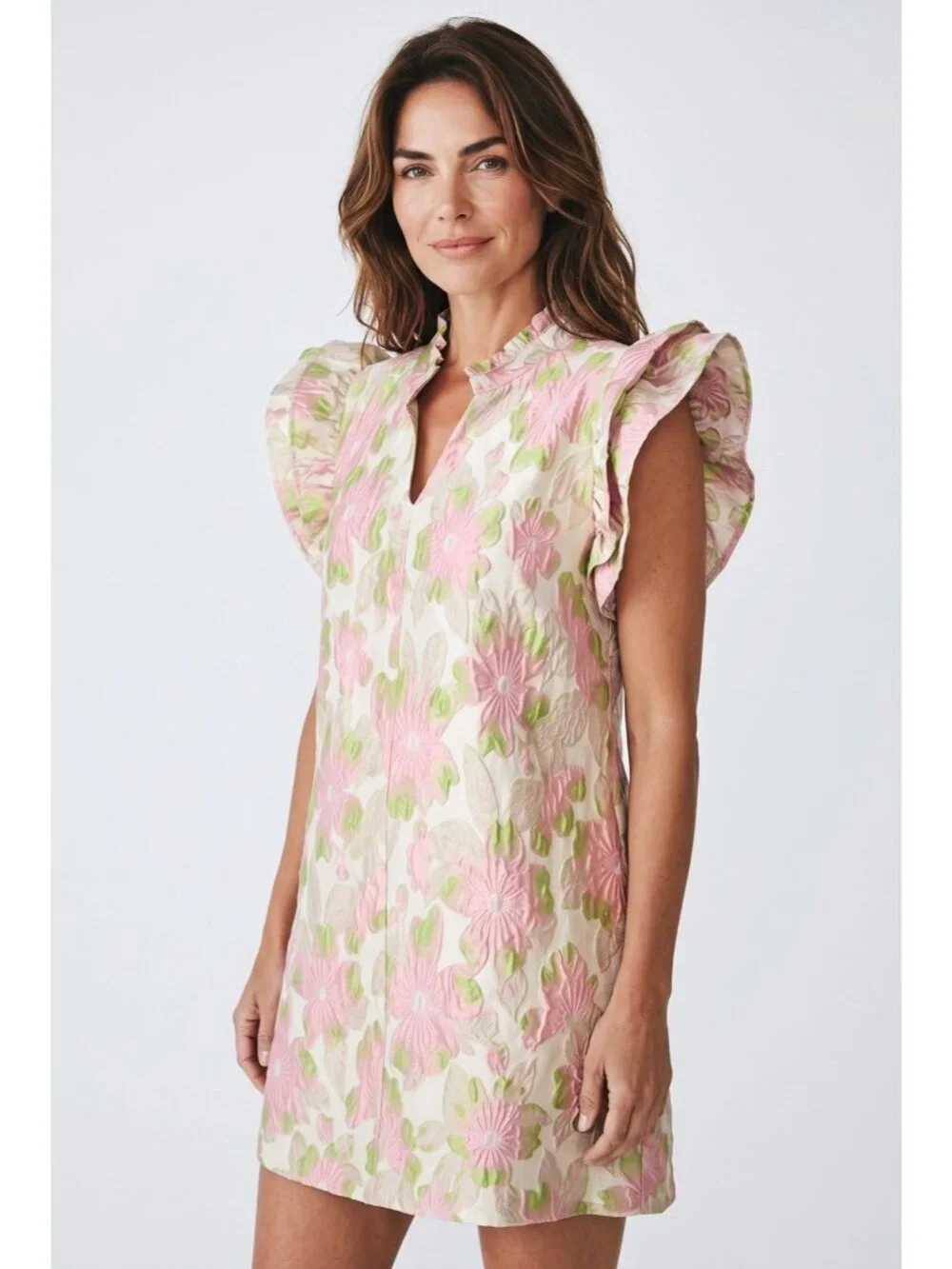 Jodifl ruffled flutter sleeve lime green and pink jaquard mini dress pockets M